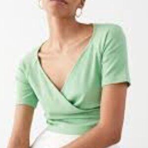 & Other Stories Green Coquette V-Neck Faux Wrap Top